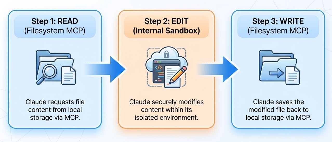 Workflow diagram: read via MCP, edit in sandbox, write via MCP